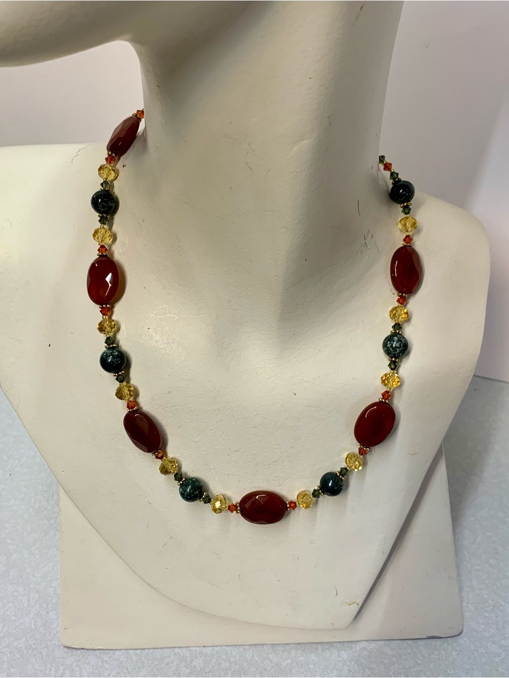 Boho Earth Tone Gemstone Beaded Necklace 18" - Carnelian, Jasper & Citrine Glass